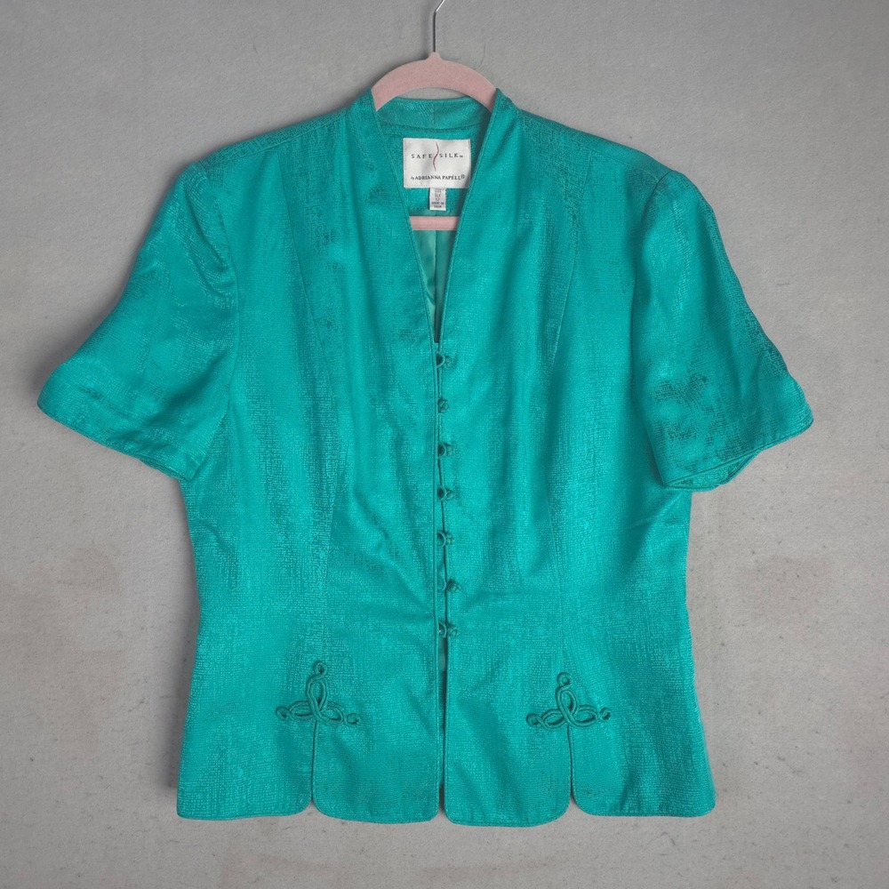 Adrianna Papell Safe Silk Teal Green Short Sleeve Blazer Soutache Detail Size 12